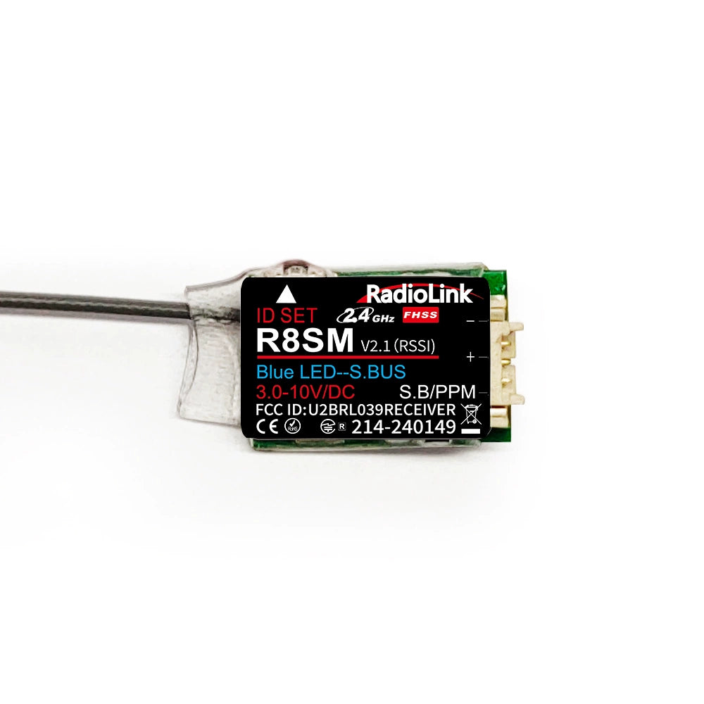 RadioLink R8SM 8 Channels Mini Receiver, The RadioLink R8SM is a compact 2.4GHz receiver with 8 channels, SBUS/PPM output, blue LED, and 3.0-10V power.