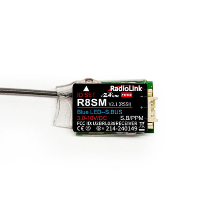 RadioLink R8SM 8 Channels Mini Receiver, The RadioLink R8SM is a compact 2.4GHz receiver with 8 channels, SBUS/PPM output, blue LED, and 3.0-10V power.