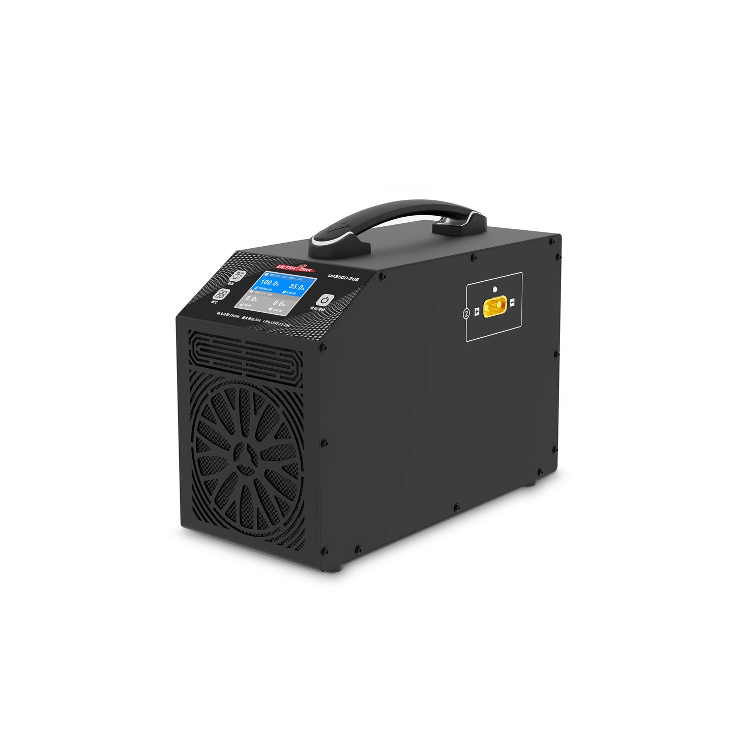 Ultra Power UP3500-28S 3500W 30A intelligent RC LiPo/LiHV charger, angled view with carry handle