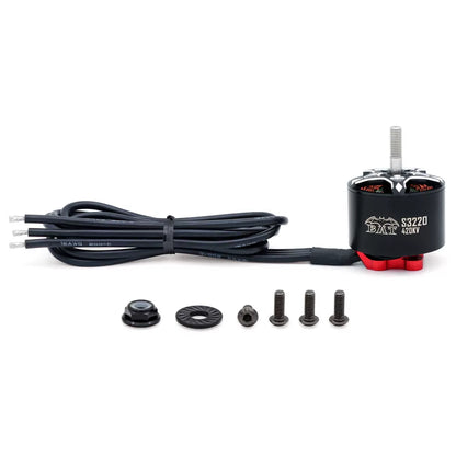 BAT S3220 420KV brushless motor with attached wires, prop adapter, washer, and mounting screws
