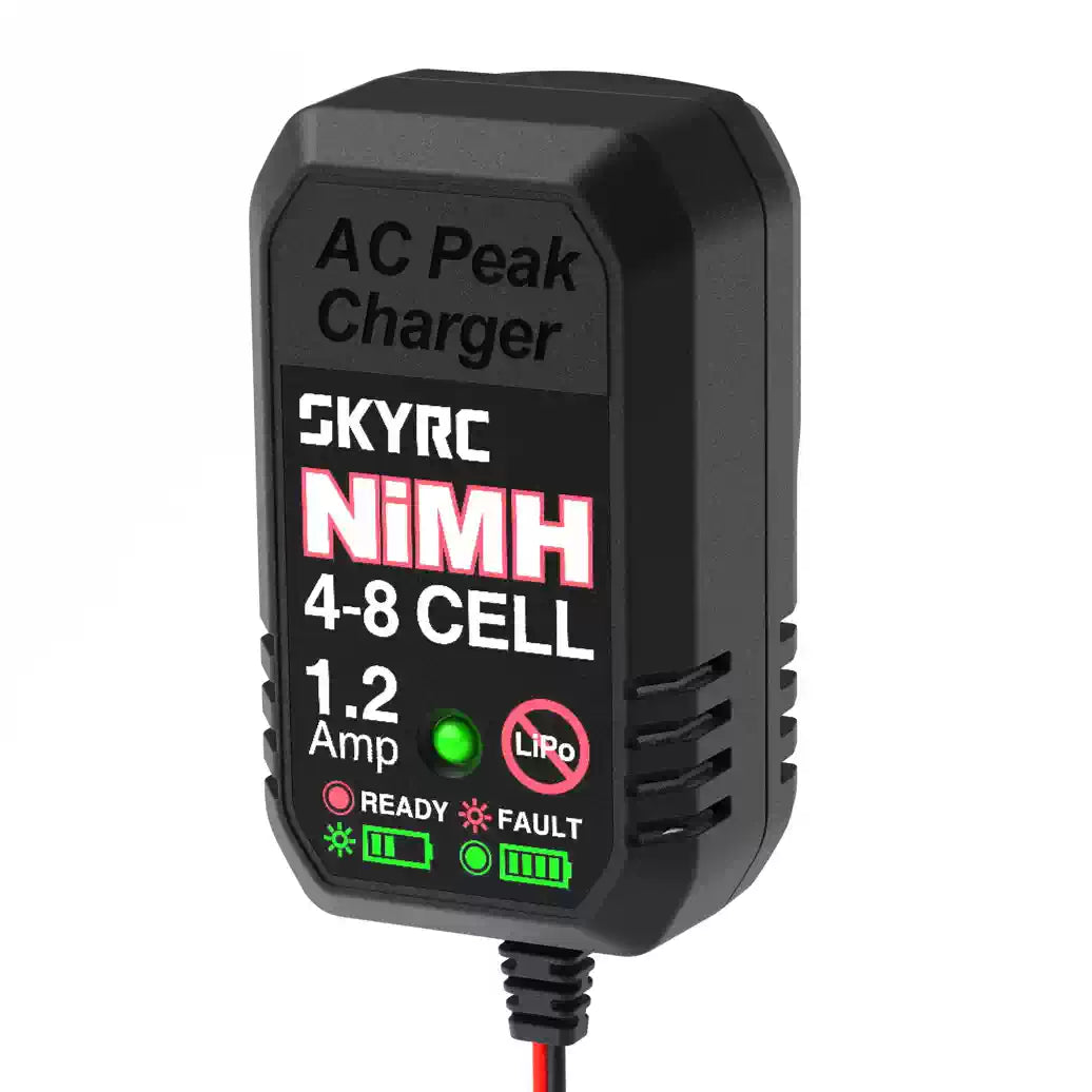 SkyRC eN18 NiMH Peak Charger, SkyRC eN18 AC NiMH peak charger with 4–8 cell support and 1.2A output, with ready and fault indicator lights.