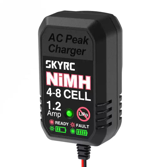 SkyRC eN18 NiMH Peak Charger, SkyRC eN18 AC NiMH peak charger with 4–8 cell support and 1.2A output, with ready and fault indicator lights.