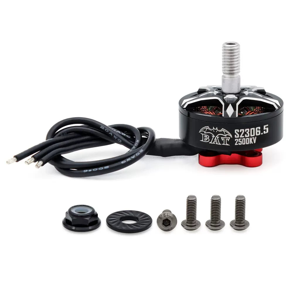 BAT S2306.5 2500KV motor with wire lead, prop nut, washer, and mounting screws