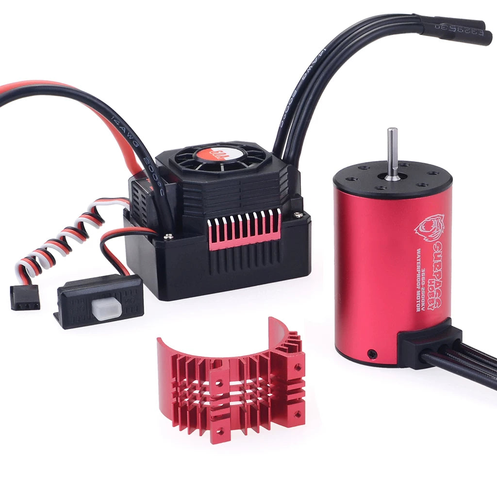 Motor and ESC set with cooling fan and red heatsink, shown together on white background