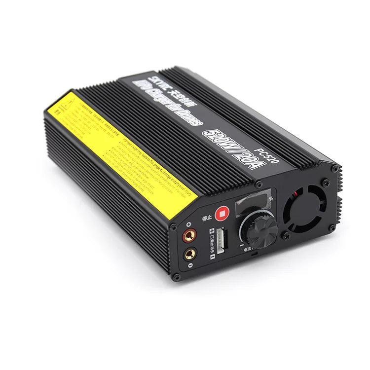 SkyRC PC520 balance charger with finned aluminum case, fan, display and control dial, USB port and banana outputs