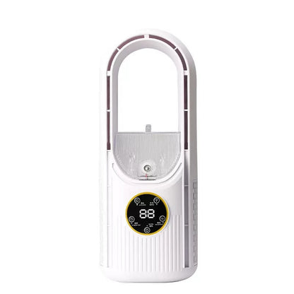 White bladeless air cooler fan front view with circular touch control display and transparent humidifier tank