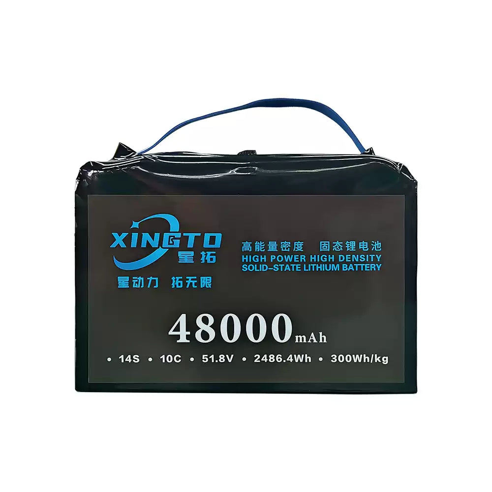 XINGTO 48000mAh 14S solid-state battery, 51.8V, 2486.4Wh, 300Wh/kg, high power and density for heavy-lift UAV drones.