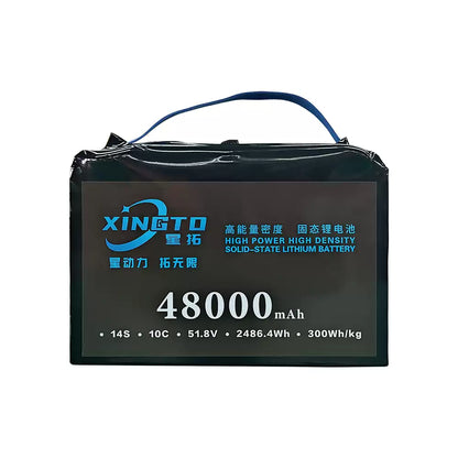 XINGTO 48000mAh 14S solid-state battery, 51.8V, 2486.4Wh, 300Wh/kg, high power and density for heavy-lift UAV drones.