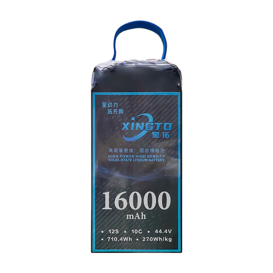 XINGTO 16000mAh 12S 44.4V solid-state battery, 710.4Wh, 270Wh/kg, high power and density, ideal for heavy-lift UAV drones.