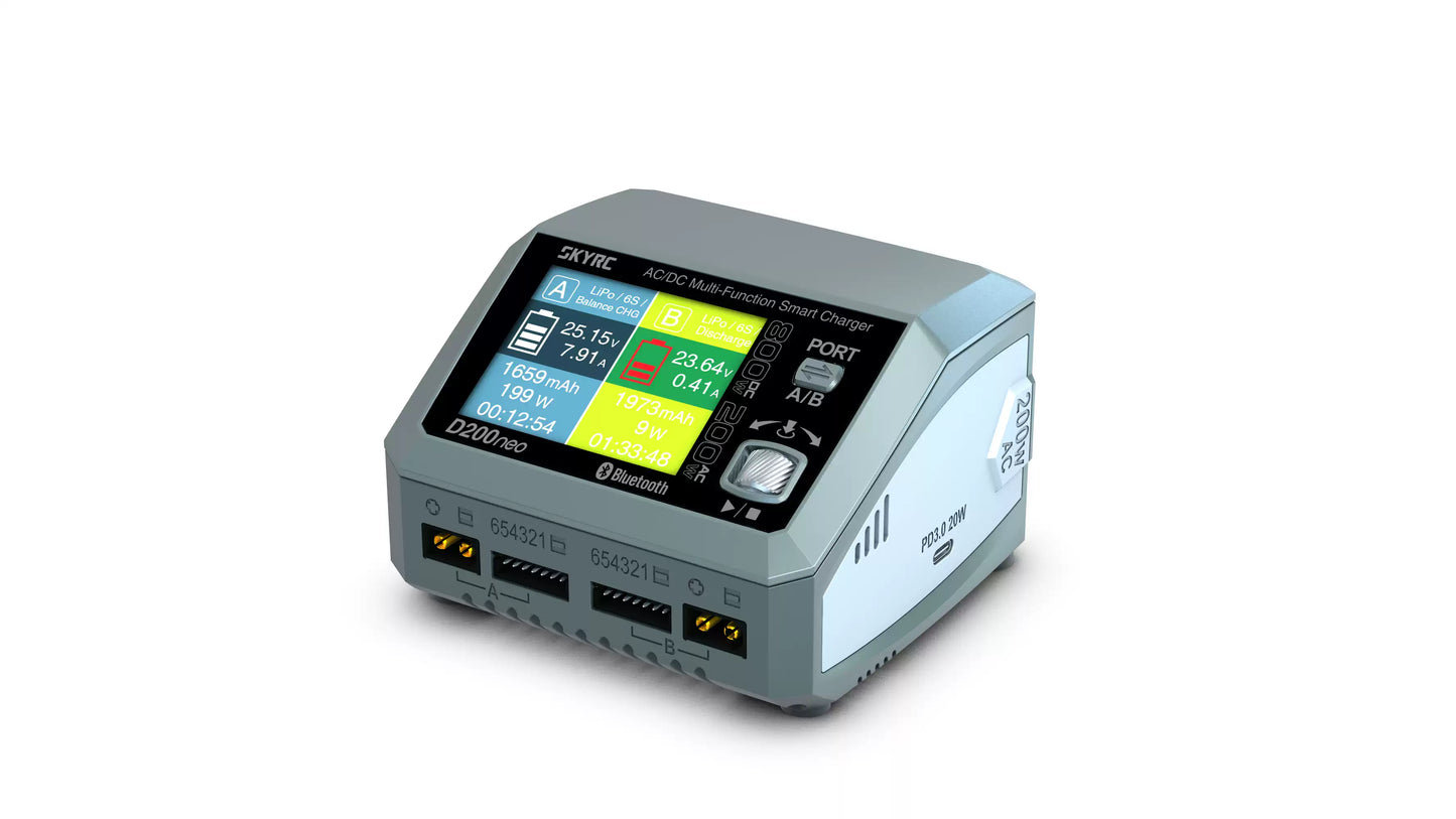 SkyRC D200neo smart charger with color display, dual channel A/B readouts, and two front charging ports