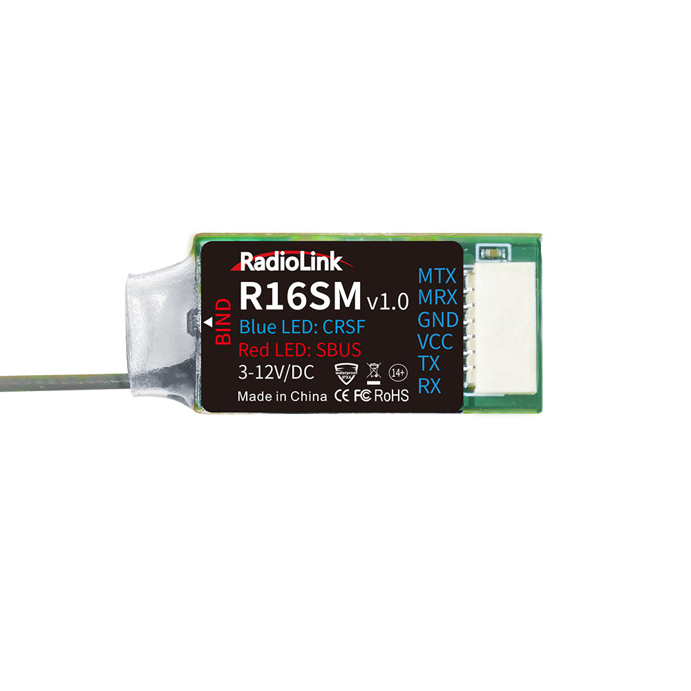 RadioLink R16SM 16 Channels Receiver, RadioLink R16SM v1.0 is a 16-channel receiver with SBUS/CRSF, telemetry, 3-12V power, made in China.