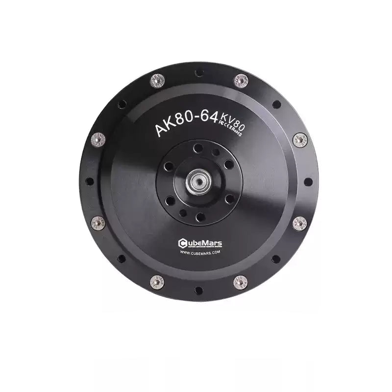 The CubeMars AK80-64 KV80 robotic actuator features a 64:1 gear ratio, 120Nm peak torque, MIT mode, and a black circular design with a central hub and screws.