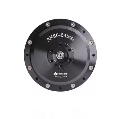 The CubeMars AK80-64 KV80 robotic actuator features a 64:1 gear ratio, 120Nm peak torque, MIT mode, and a black circular design with a central hub and screws.