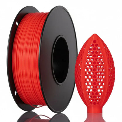 Red TPU 95A 3D printing filament spool with flexible lattice football-shaped sample print