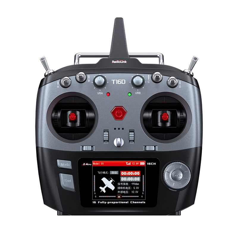 The RadioLink T16D is a 16-channel proportional transmitter supporting ELRS/Crossfire, with dual joysticks, buttons, display screen, and built-in simulator.