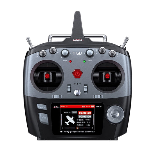 The RadioLink T16D is a 16-channel proportional transmitter supporting ELRS/Crossfire, with dual joysticks, buttons, display screen, and built-in simulator.