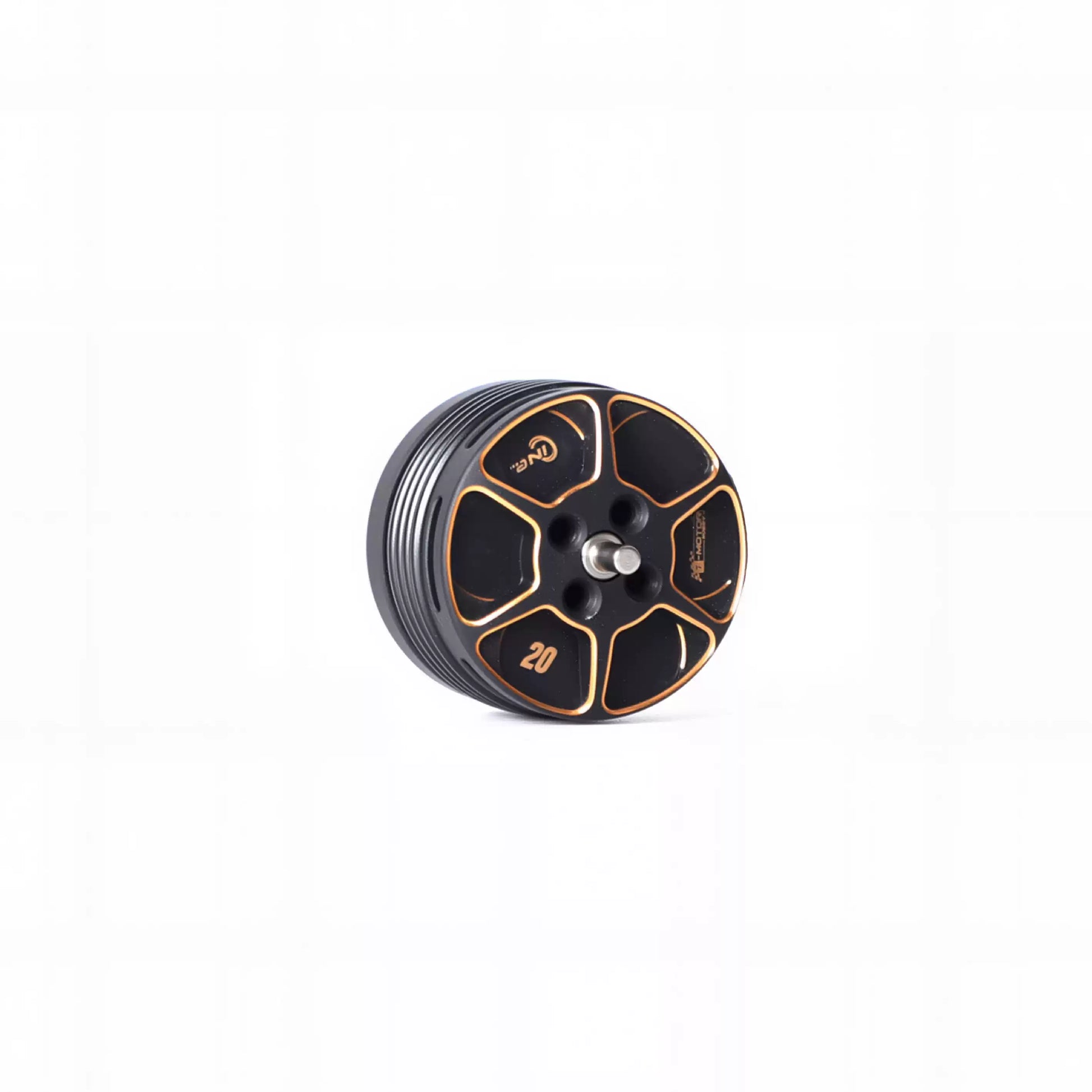 T-Motor brushless drone motor with black-and-orange bell, center shaft and four mounting holes