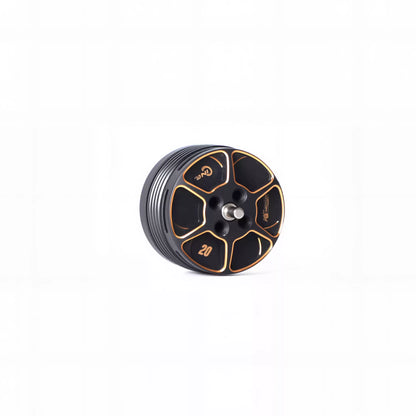 T-Motor brushless drone motor with black-and-orange bell, center shaft and four mounting holes