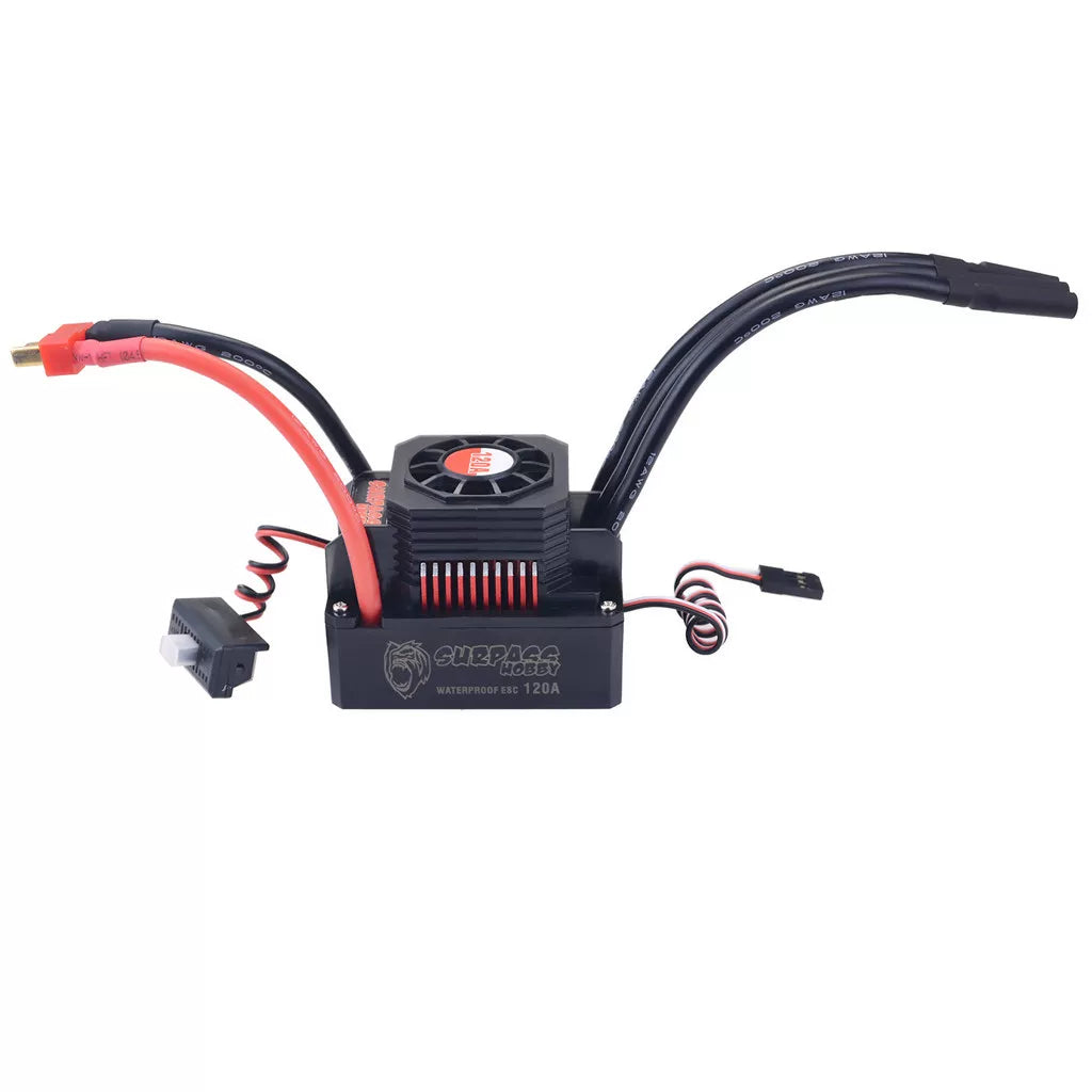 Surpass Hobby KK120A waterproof brushless ESC for 1/8 RC car, fan-cooled, T plug battery lead