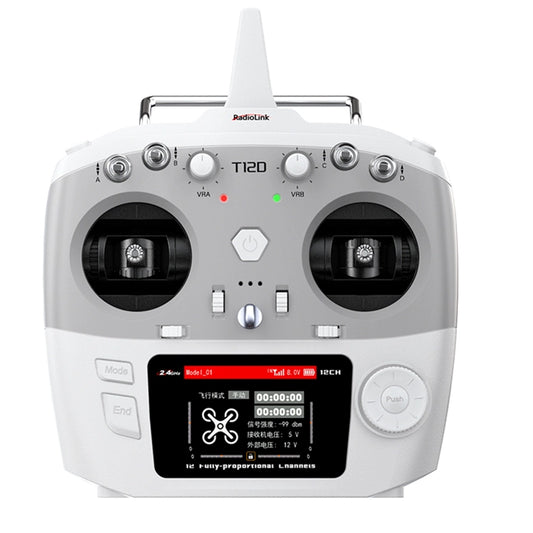 RadioLink T12D 12CH RC transmitter with ELRS Crossfire support, built-in simulator for drones, cars, boats, robotics. Features visible Mode and End buttons.