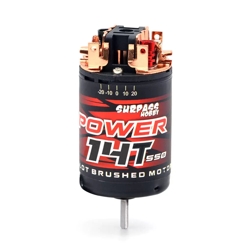 Surpass Hobby POWER 14T 550 brushed motor close view showing endbell terminals and shaft