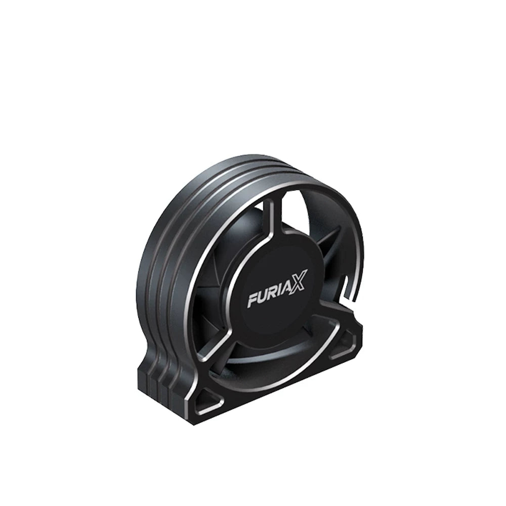 FuriaX round motor cooling fan housing, black finish, side profile with mounting base