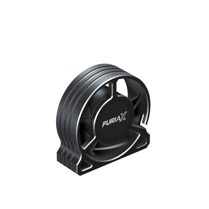 FuriaX round motor cooling fan housing, black finish, side profile with mounting base