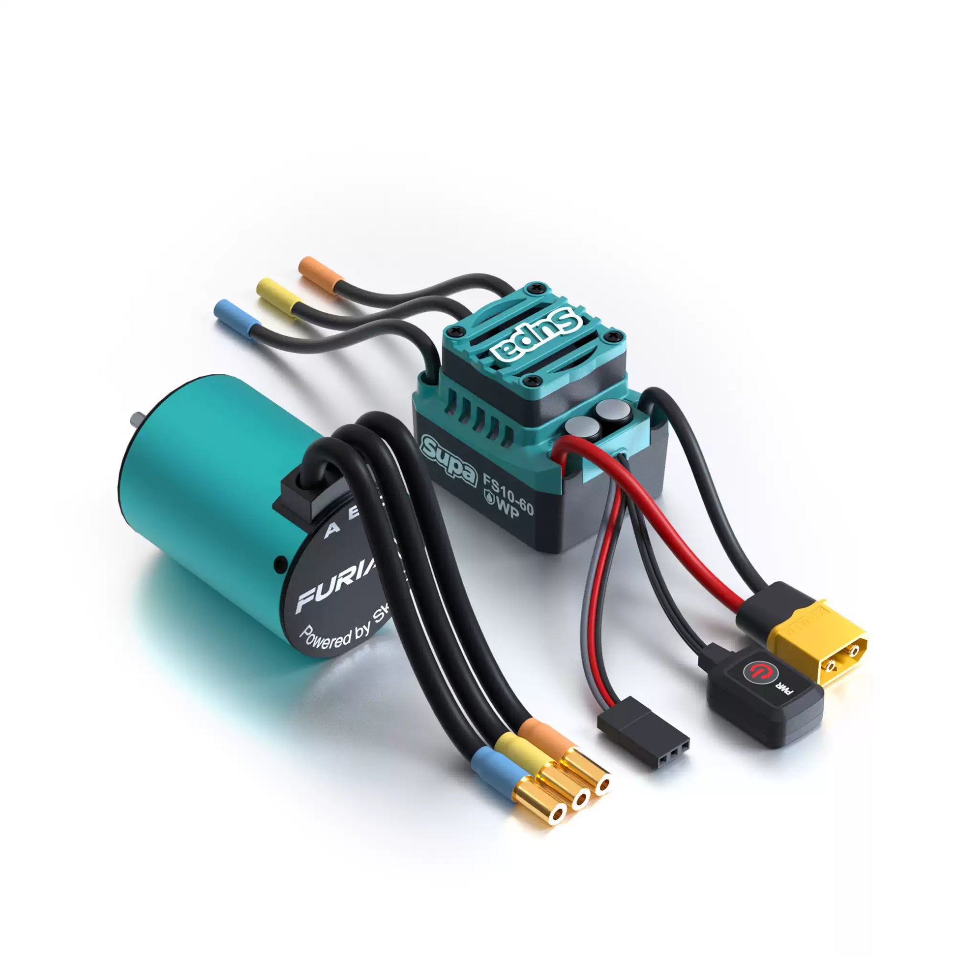FuriaX Supa brushless motor and matching ESC kit with pre-wired leads, bullet connectors, and XT60 plug