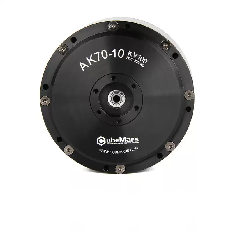 CubeMars AK70-10 KV100 actuator operates at 24/48V, delivers 8.3Nm torque, and uses CAN/UART communication.