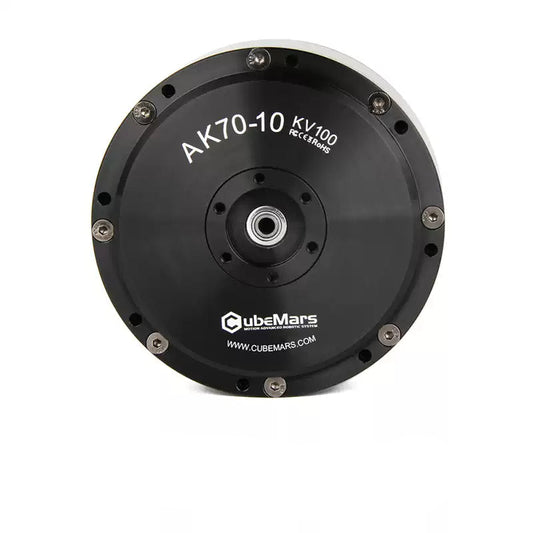 CubeMars AK70-10 KV100 actuator operates at 24/48V, delivers 8.3Nm torque, and uses CAN/UART communication.