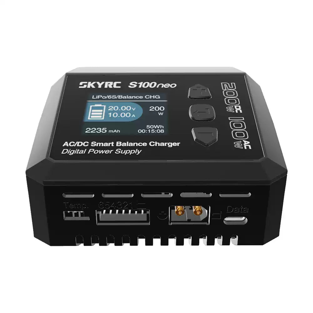 SkyRC S100neo smart balance battery charger with LCD display, front control buttons, and multiple input/output ports