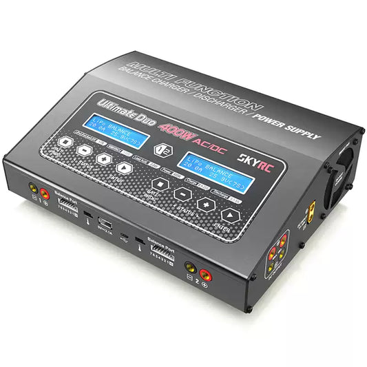 SkyRC D400 Ultimate Duo 400W Balance Charger, SkyRC D400 Ultimate Duo 400W AC/DC balance charger with dual LCD screens, control buttons, and balance ports