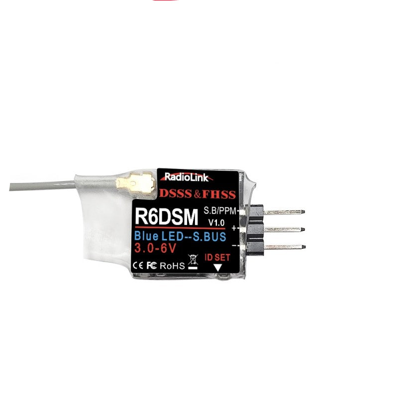 The RadioLink R6DSM is a 2.4GHz, 10-channel receiver using SBUS/PPM with DSSS/FHSS protocols and real-time telemetry.