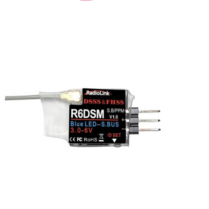 The RadioLink R6DSM is a 2.4GHz, 10-channel receiver using SBUS/PPM with DSSS/FHSS protocols and real-time telemetry.