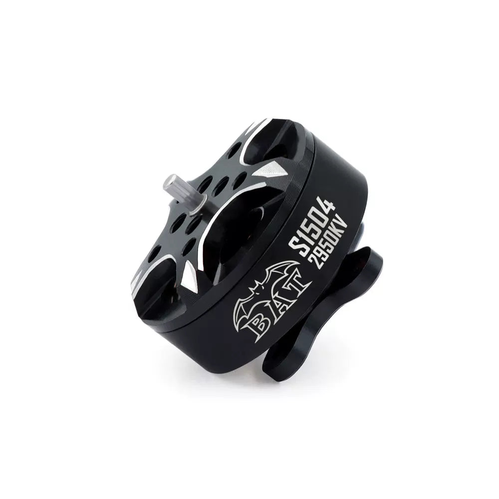 Angled top view of Surpass Hobby S15 S1504 2950KV brushless motor with BAT logo and vented bell