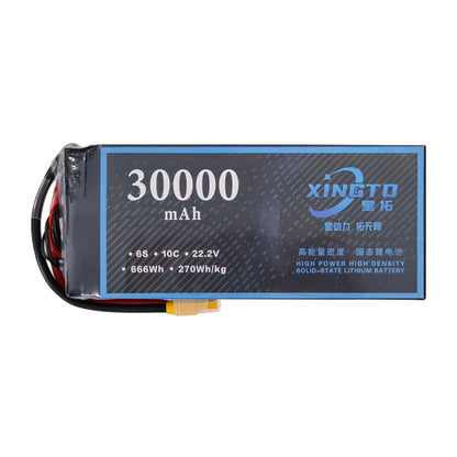 XINGTO 30000mAh 6S 10C 22.2V solid-state lithium battery offers high power, 666Wh energy, and 270Wh/kg density for heavy-lift UAV drones.