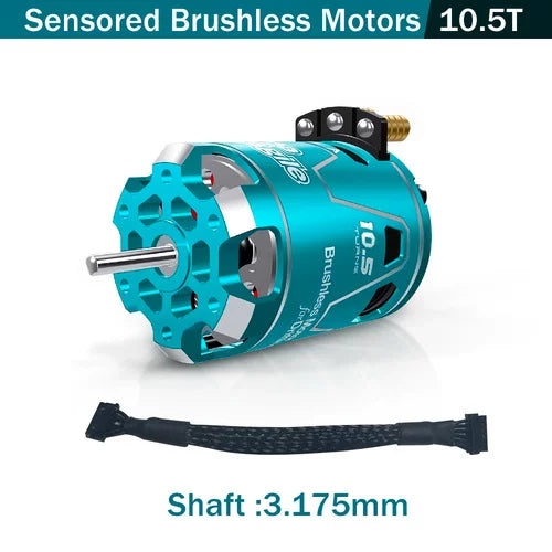Sensored brushless drift motor 10.5T with 3.175mm shaft size callout and sensor cable shown