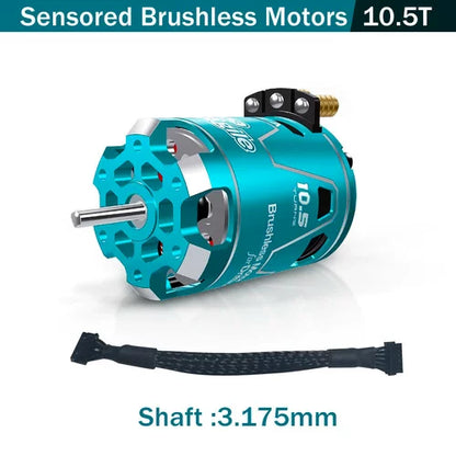 Sensored brushless drift motor 10.5T with 3.175mm shaft size callout and sensor cable shown