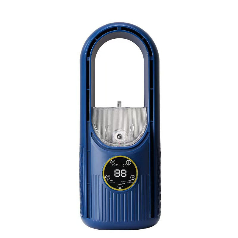 Portable USB bladeless air cooler fan with humidifier, blue unit with touch display and water tank window