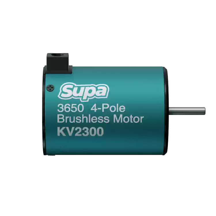 SkyRC FuriaX Supa 3650 4-Pole Brushless Motor side view with Supa logo and KV2300 marking