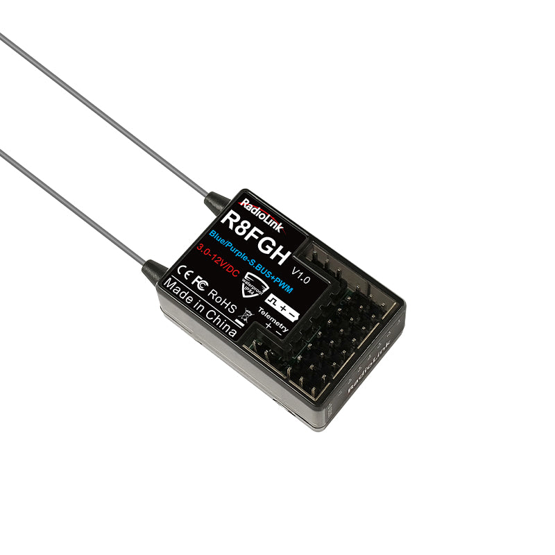 RadioLink R8FGH 8CH Receiver, The RadioLink R8FGH is an 8-channel receiver with gyro, telemetry, dual antenna, 3-12V support, IPX4 rating, and SBUS+PWM.