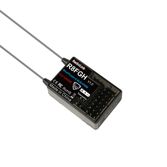 RadioLink R8FGH 8CH Receiver, The RadioLink R8FGH is an 8-channel receiver with gyro, telemetry, dual antenna, 3-12V support, IPX4 rating, and SBUS+PWM.