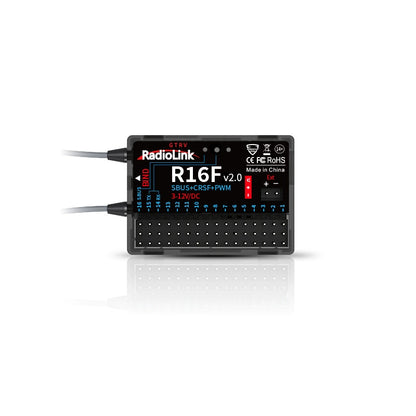 RadioLink R16F 2.4GHz 16CH Receiver, The RadioLink R16F v2.0 is a 2.4GHz 16-channel receiver supporting SBUS, CRSF, PWM, and telemetry.