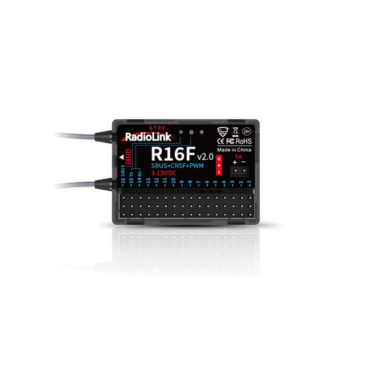 RadioLink R16F 2.4GHz 16CH Receiver, The RadioLink R16F v2.0 is a 2.4GHz 16-channel receiver supporting SBUS, CRSF, PWM, and telemetry.
