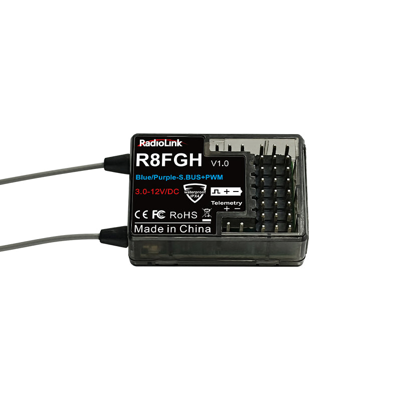 RadioLink R8FGH 8CH Receiver, The RadioLink R8FGH is an 8-channel receiver with gyro, telemetry, dual antenna, operates on 3-12V, has IPX4 rating, and supports SBUS+PWM.