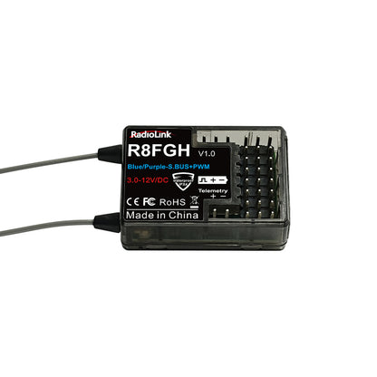 RadioLink R8FGH 8CH Receiver, The RadioLink R8FGH is an 8-channel receiver with gyro, telemetry, dual antenna, operates on 3-12V, has IPX4 rating, and supports SBUS+PWM.