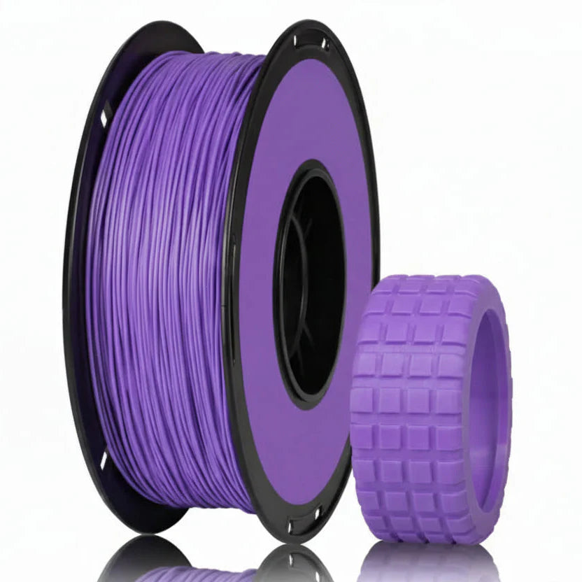 Purple TPU 95A 3D printing filament spool with grippy tread ring sample print