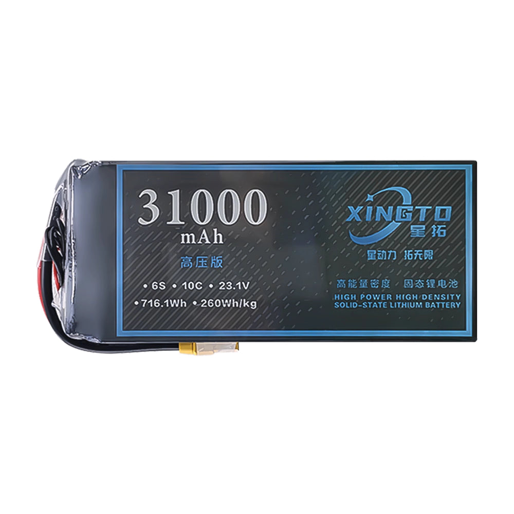 High-power, high-density 31000mAh 6S solid-state lithium battery with 23.1V, 10C discharge, offering 716.1Wh capacity and 260Wh/kg energy density for advanced drone applications.
