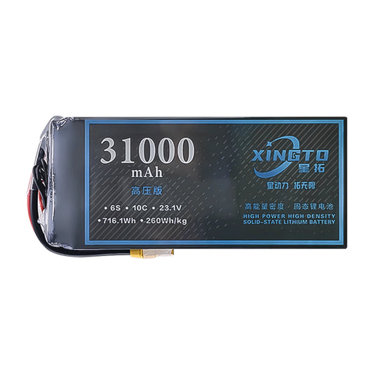 High-power, high-density 31000mAh 6S solid-state lithium battery with 23.1V, 10C discharge, offering 716.1Wh capacity and 260Wh/kg energy density for advanced drone applications.