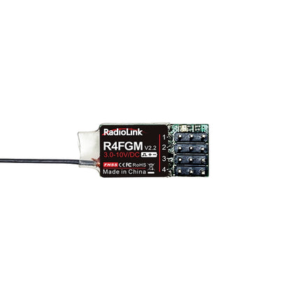 RadioLink R4FGM 4-Channel Mini Receiver, RadioLink R4FGM V2.2 is a 4-channel mini receiver with gyro for 1:28 RC cars, compliant with FHSS, CE, FCC, RoHS standards.
